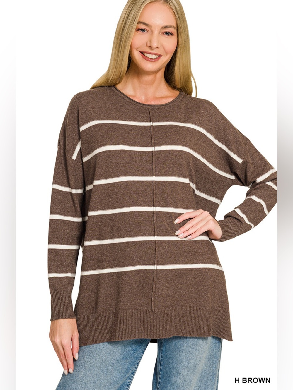 Zenana H Brown Viscose Thin Striped Sweater